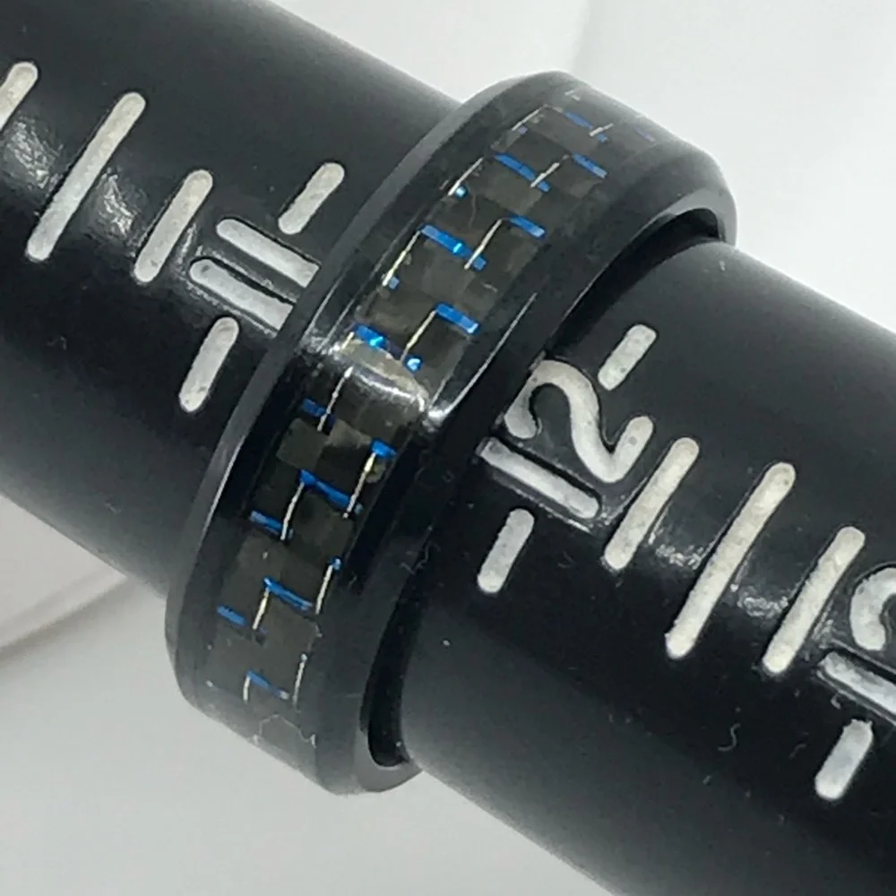 Mens Black Ceramic Carbon Fiber Stainless Steel Ring With Blue Accents Size 11.5